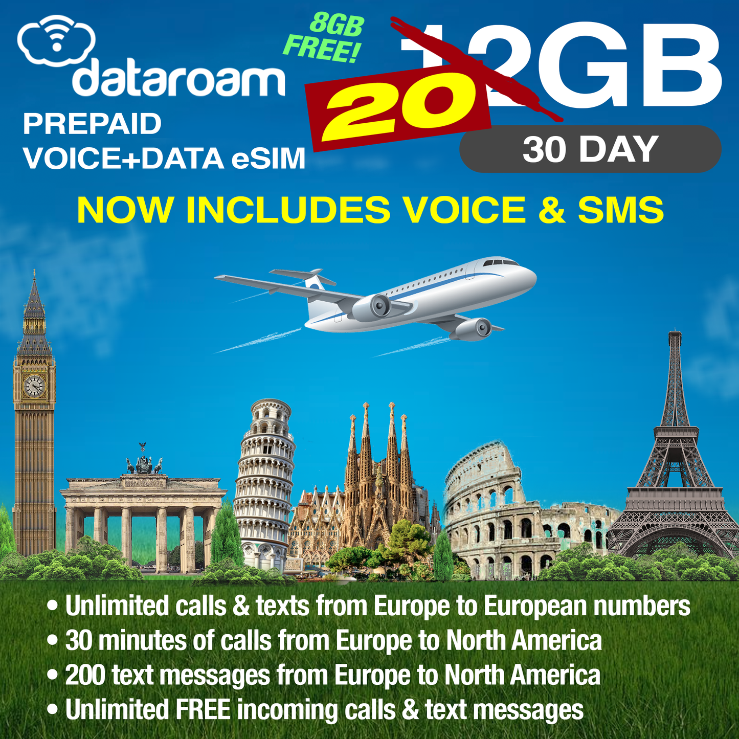 European 12GB Voice + SMS Travel eSIM